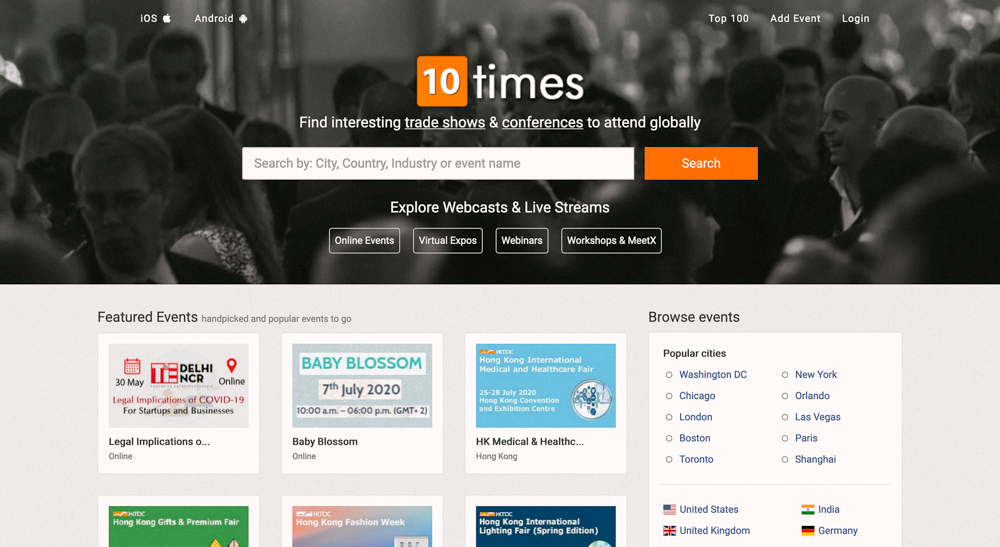 A screenshot of the home page of 10times.com.