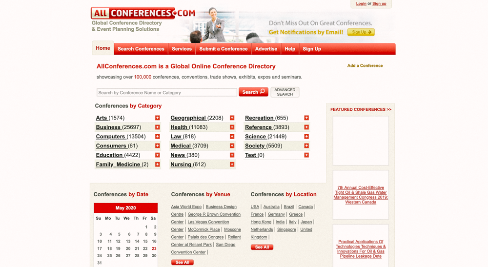 A screenshot of the home page of allconferences.com.