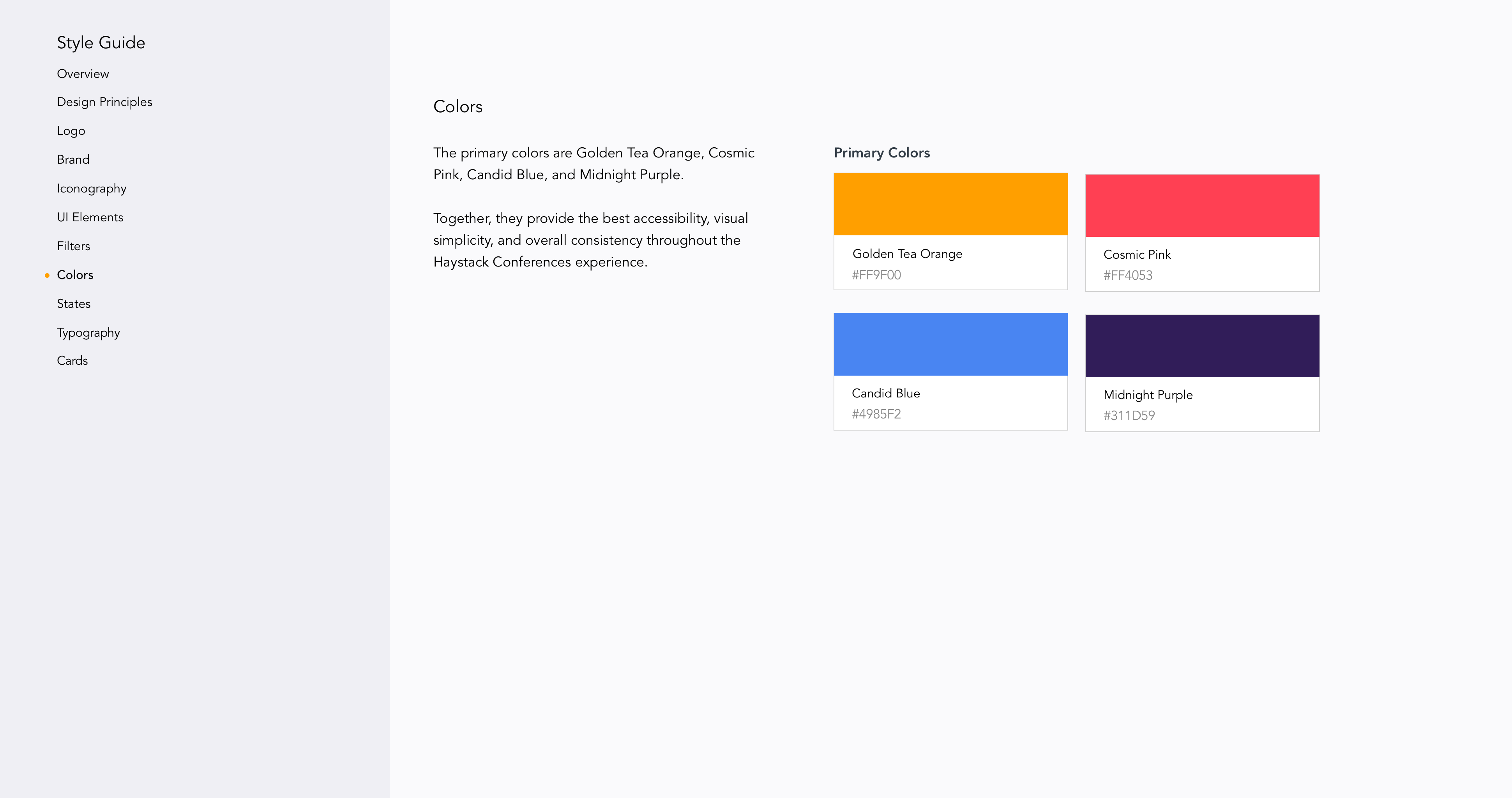 Style Guide page on colors