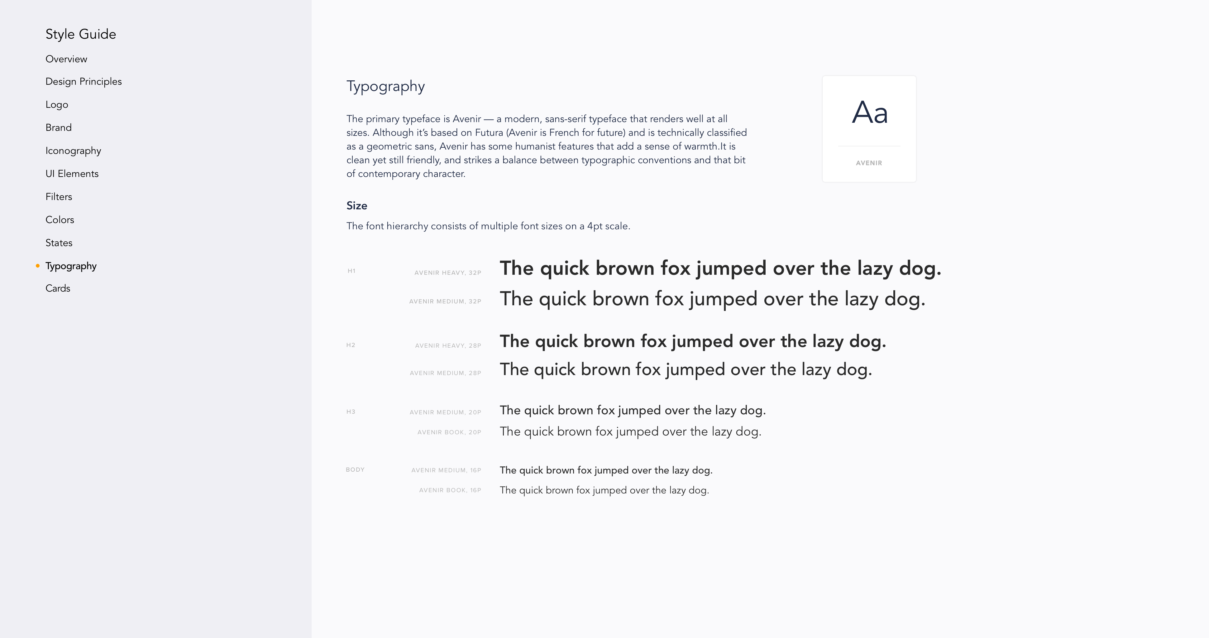 Style Guide page on typography