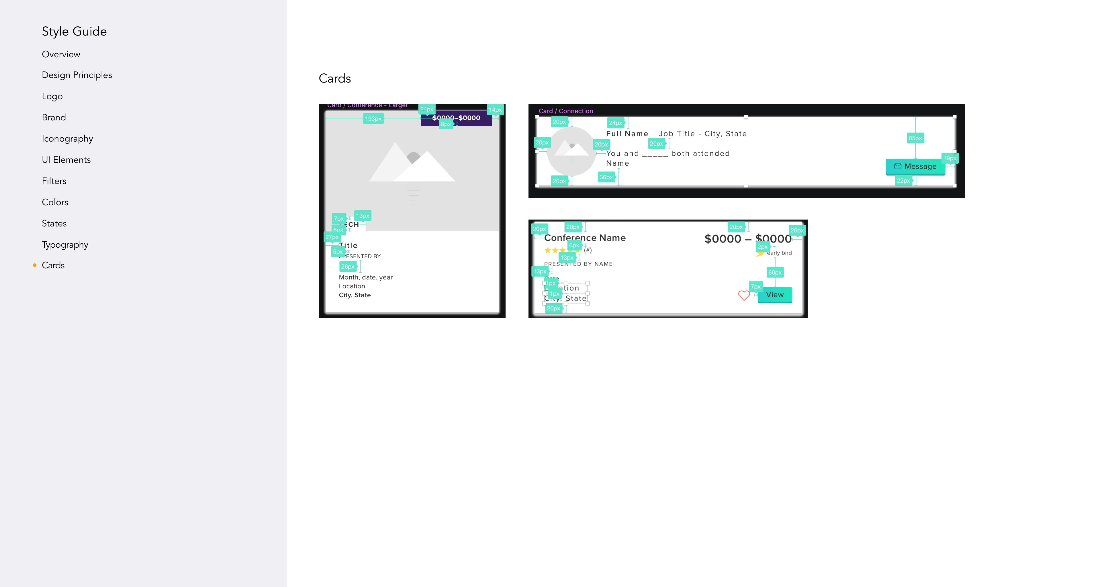 Style Guide page on cards