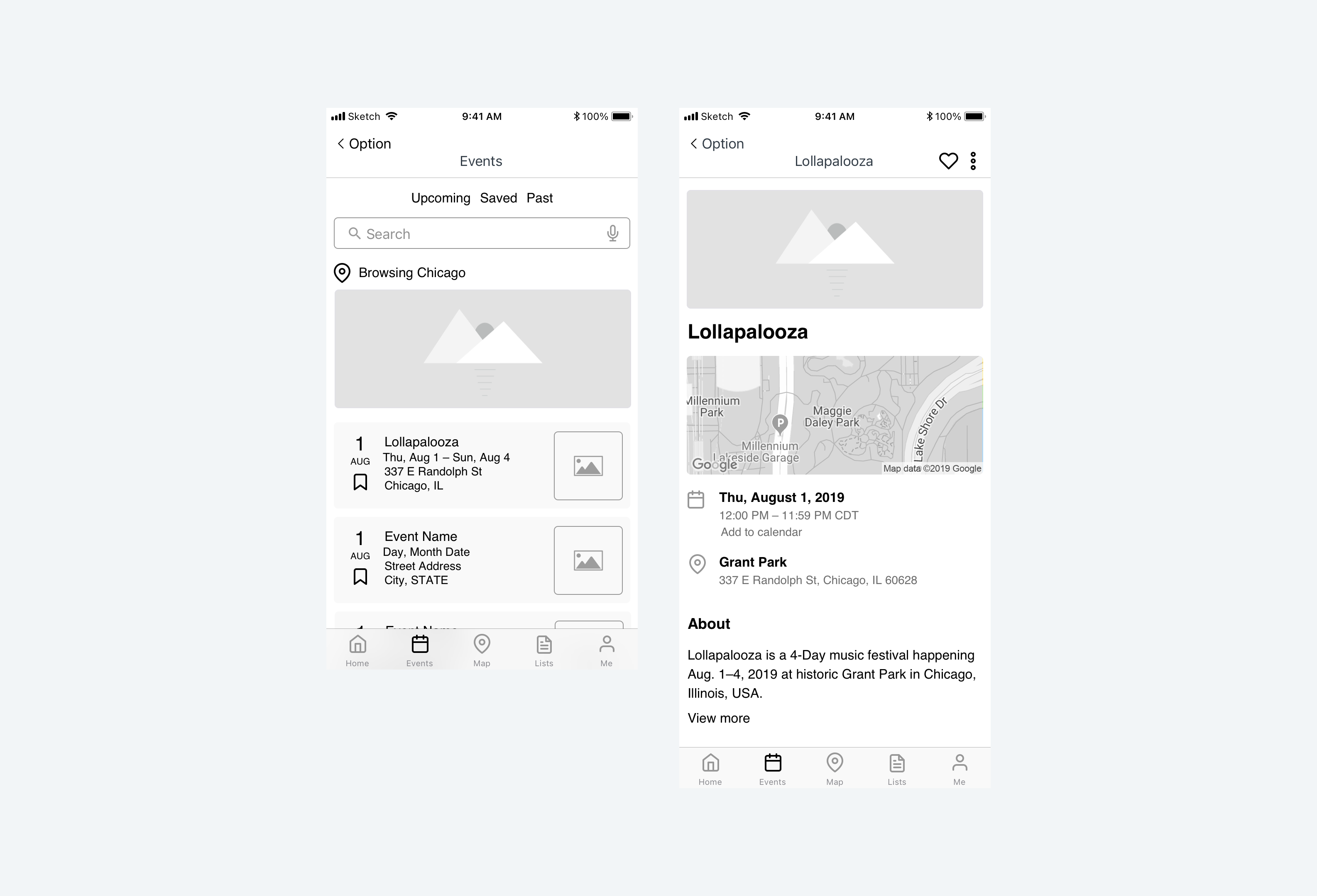 Two wireframes of the new event flow views: the first shows the search results of nearby events and the second view shows an event page; this particular one highlights Lollapalooza.