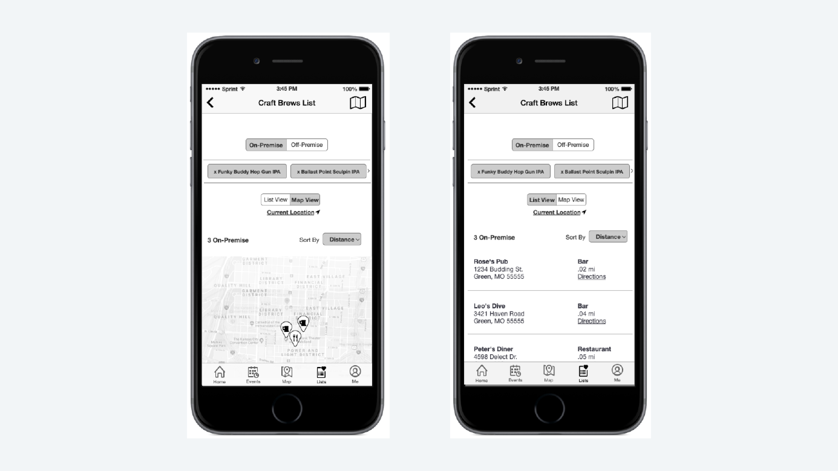 Two iPhone mockups of the original wireframes for the map view. 