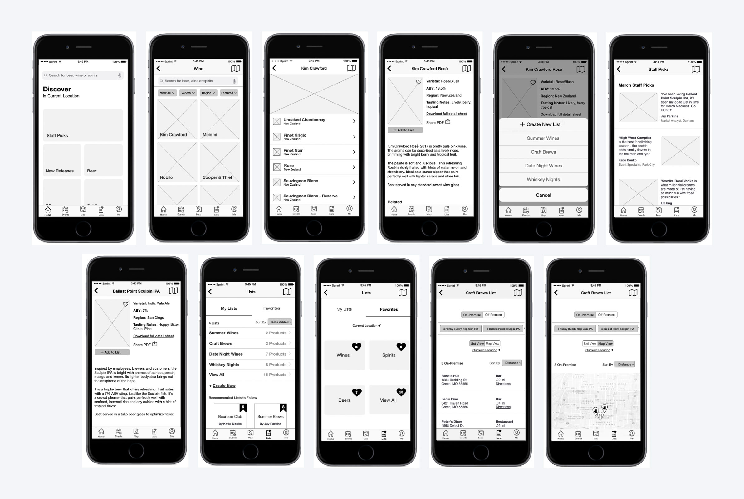 A black-and-white image of the original mocked-up wireframes from the UX team.