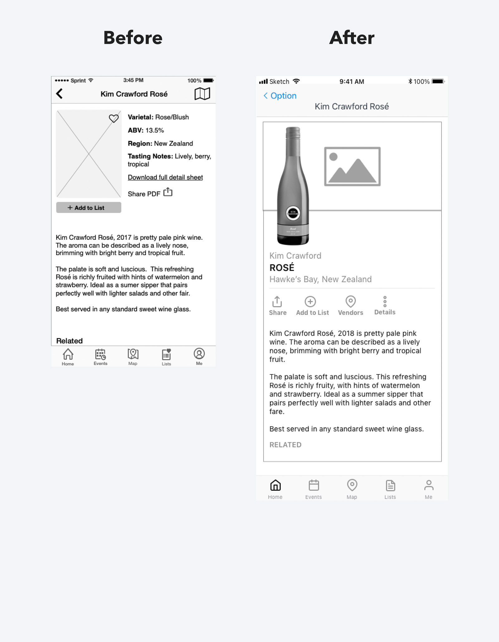 An image showing two wireframes: the original one of the product view from the UX team, as well as the one I redesigned. 