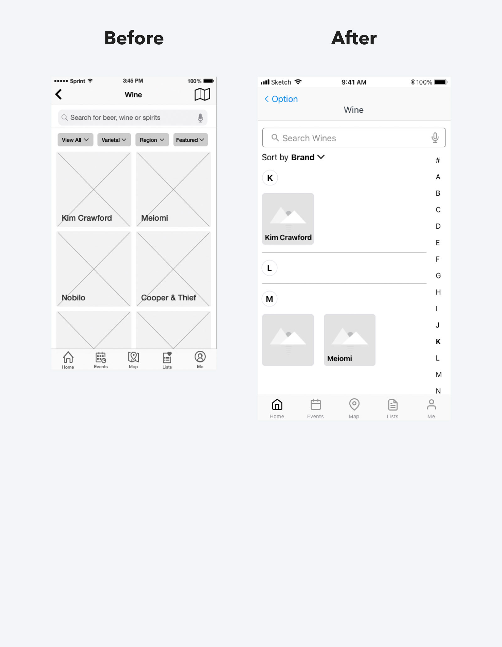 An image showing two wireframes: the original one of the wine list view from the UX team, as well as the one I redesigned. 