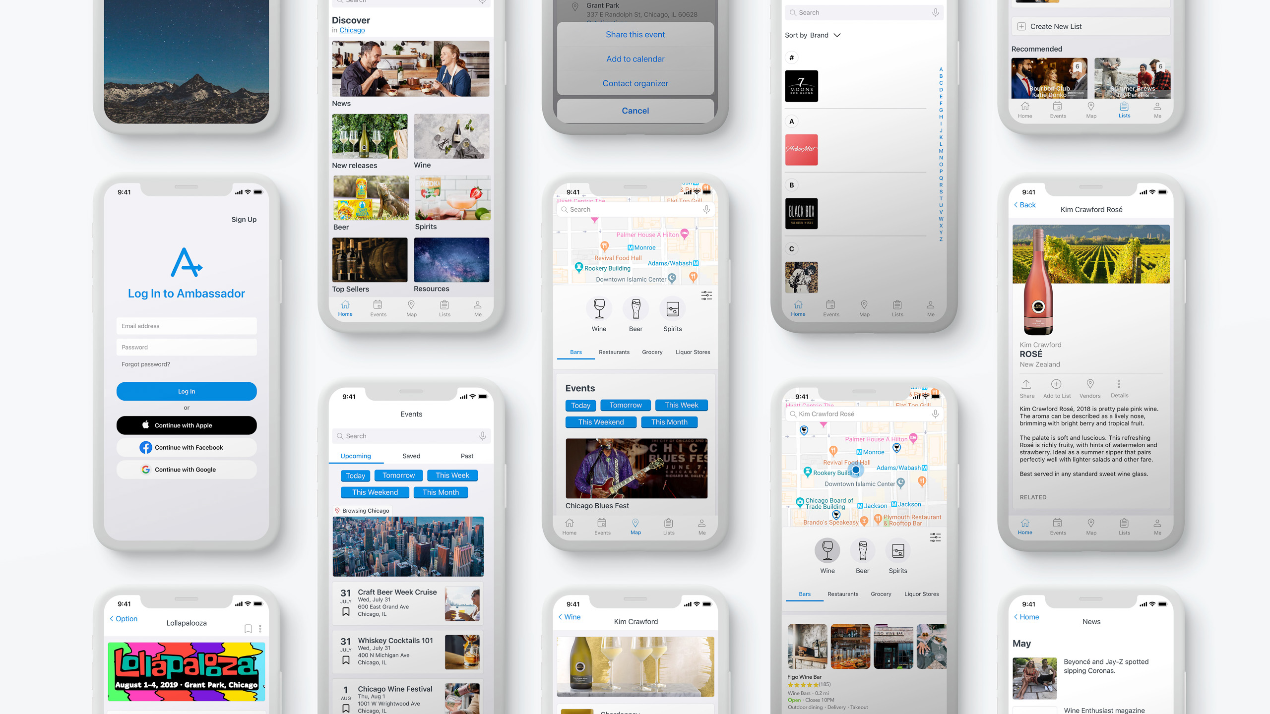 An image of 13 iPhone 12 white mockups with varying views of the Ambassador app set against a foggy grey background.