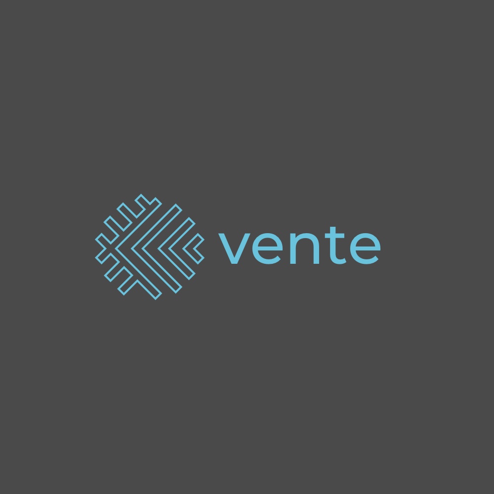 Vente treek logotype logo in blue on dark grey background. 