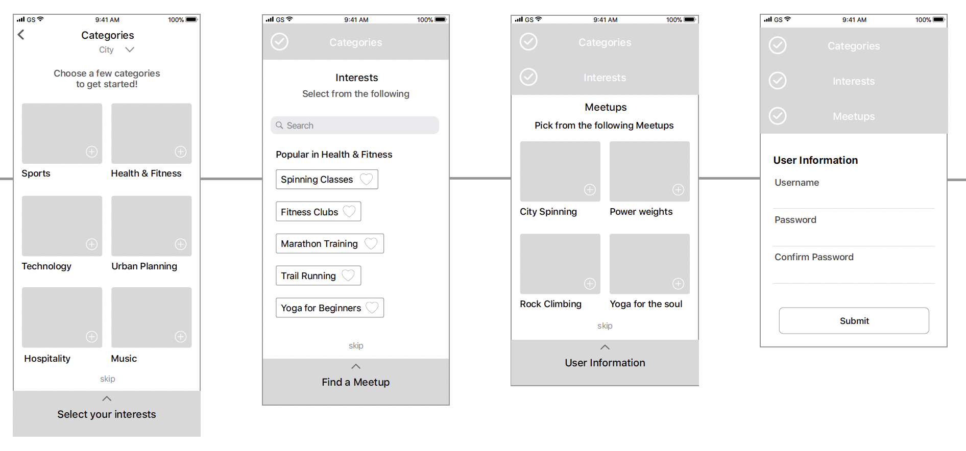 Original Vente wireframes for onboarding (four views)