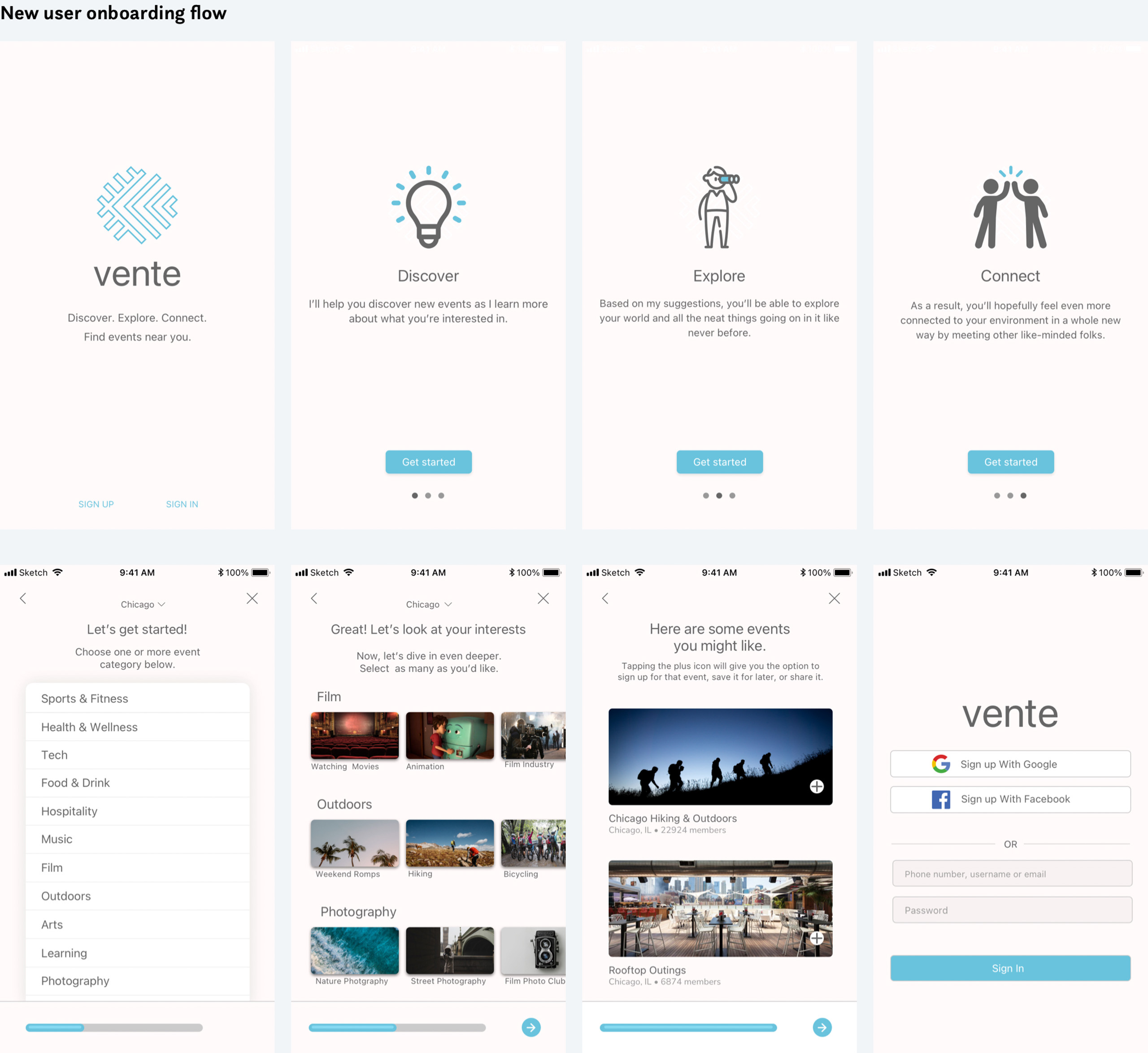 A photo of all the high fidelity mockups for the new user's onboarding flow.