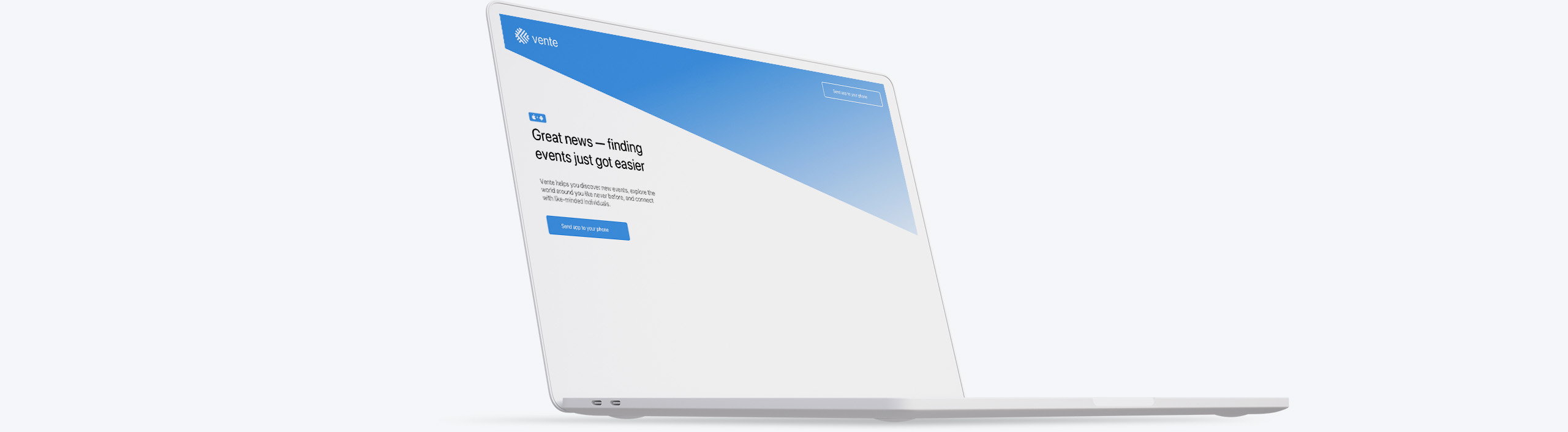 A white laptop showing the landing page of Vente's marketing site.